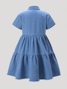 Elladie kids 少女短袖牛仔连衣裙，休闲舒适纽扣装饰蝴蝶结牛仔连衣裙，时尚街头风百搭轻盈面料，春夏新款 - 中等水洗藍 - 查看 2