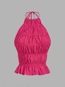 Aloruh Women's Adjustable Halter Tie Ruched Layered Semi-Sheer Romantic Date Cropped Camisole - Hot Pink - View 6