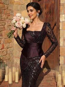 Serin Elegant Luxurious Beaded, Sequin & Embroidered Mesh Sleeve Mermaid Dress, Suitable For Weddings, Parties, Vacations, Galas, Holidays, Bride & Mother Of The Bride Evening Gowns - Coffee Brown - View 2