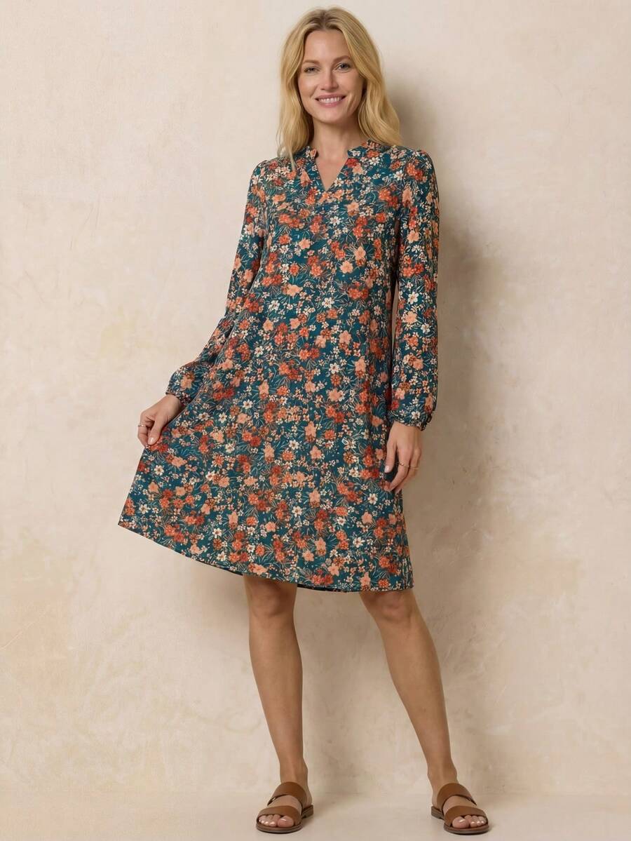 EMERY ROSE 女士花卉印花 V 领长袖连衣裙 - 彩色 - 查看 1