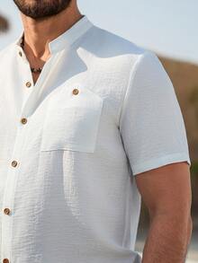 Manfinity RSRT 男士立领衬衫，带胸袋，时尚百搭，适合日常穿着 - 白色 - 查看 3