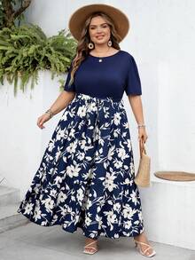SHEIN CURVE+ Váy ngắn tay dài dáng suông, size US22, thích hợp cho lễ hội âm nhạc, kỳ nghỉ biển, phong cách bohemian mùa hè, thường ngày, in hoa, phối nhiều mảnh. - Nhiều màu - Xem 7