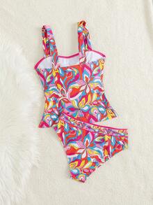 Swim Vcay Women's Beach Music Festival Spring/Summer Flower Printed Coarse Shoulder Strap Fashion Mature Bohemian Tankini Two Pieces Set - Multicolor - View 2