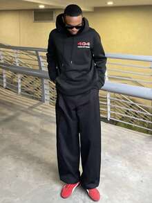 Ngobest Haus Ngobest Haus 男士休闲街头风 404 标语印花保暖连帽卫衣，秋冬款，长袖上衣 - 黑色 - 查看 1