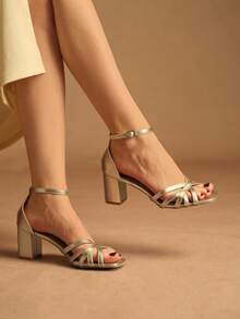 Rosivie Giày sandal nữ mũi vuông, gót dày, chất liệu giả da màu vàng đồng, thiết kế quai chéo, thời trang, thoải mái, thích hợp đi hàng ngày, dự tiệc, dạ hội, có khóa cài, màu trơn. - Vàng - Xem 3