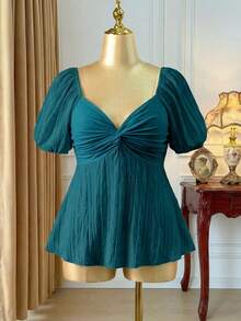 Rometta 大码女式优雅针织短袖提花胸围扭纹细节白色T恤 - 水鴨藍 - 查看 3