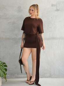 Arliah 宽松版型方肩修身半身裙垂褶环细节T恤裙街头风可爱优雅休闲性感外出秋季太妃糖色圣诞节感恩节派对冬季新年 - 巧克力棕 - 查看 5