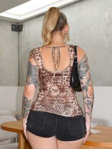 Arliah Women's Leopard Print Contrast Lace Cap Sleeve Tee, Fashionable For Summer Leopard Print Top Women Dressy Tops Brown Top Gothic Top Lace Trim Top - Multicolor - View 2