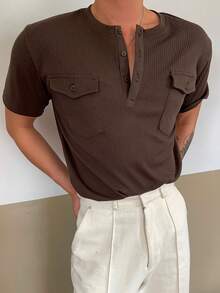 DAZY Men's Short Sleeve Pocket Design Half-Placket Crew Neck Brown T-Shirt, Summer - Brown - View 6