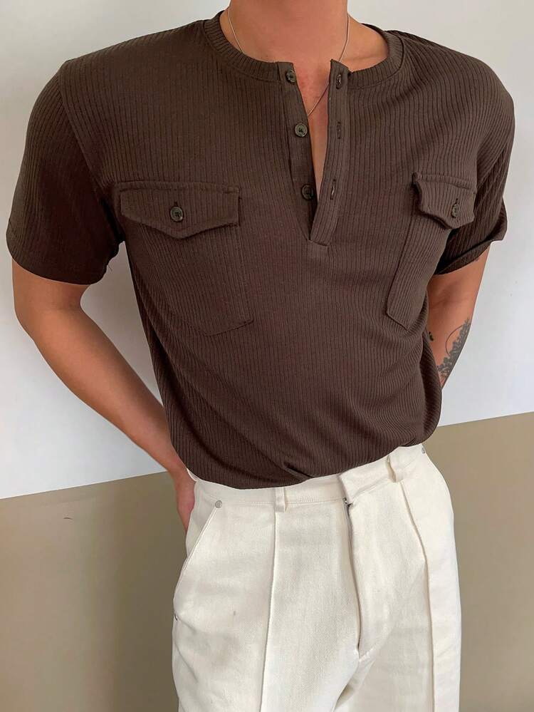 Men's Short Sleeve Pocket Design Half-Placket Crew Neck Brown T-Shirt, Summer