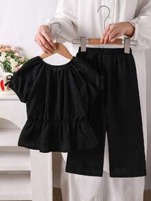 SHEIN 2件套少女纯色圆领休闲T恤和裤子套装 - 黑色 - 查看 2
