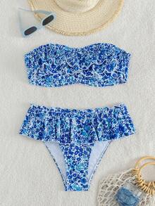 Swim Mod Bộ đồ bơi tankini họa tiết hoa nhí dành cho nữ, gồm áo quây và quần cạp thấp xếp ly, đồ bơi đi biển thường ngày, bộ đồ bơi 2 mảnh, bộ bikini xếp ly mùa hè, bộ đồ bơi 2 mảnh đi biển. - Nhiều màu - Xem 4