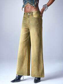 Y2Kool BiGraphic Women's Music Festival Sexy Hot Chick Y2K Yellow-Green Retro Mid-Rise Loose-Fit Distinctive Slightly Flared Casual Slimming Straight-Leg Jeans Distressed Washed Design Versatile Fashionable Pants - Yellow - View 4