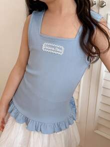 DAZY 女童刺绣字母罗纹方领荷叶边下摆吊带衫 - 藍色 - 查看 5