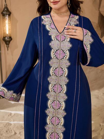 Al Najma Plus Size Women's V-Neck Long Sleeve Colorful Handmade Beaded Trim Contrast Color Elegant Luxurious Arabic Dress