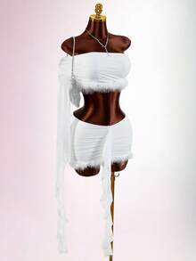 Amplova Conjunto de 2 piezas para mujer, top corto de un hombro de manga larga con textura esponjosa y minifalda ajustada con volantes, todo blanco, ropa de fiesta, otoño, estilo años 70, cumpleaños, Y2K - Blanco - Ver 11