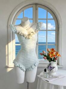 Elamini Women's Fashion Cap Sleeve Ruffle Trim 3D Floral Bodysuit - Blue - View 3