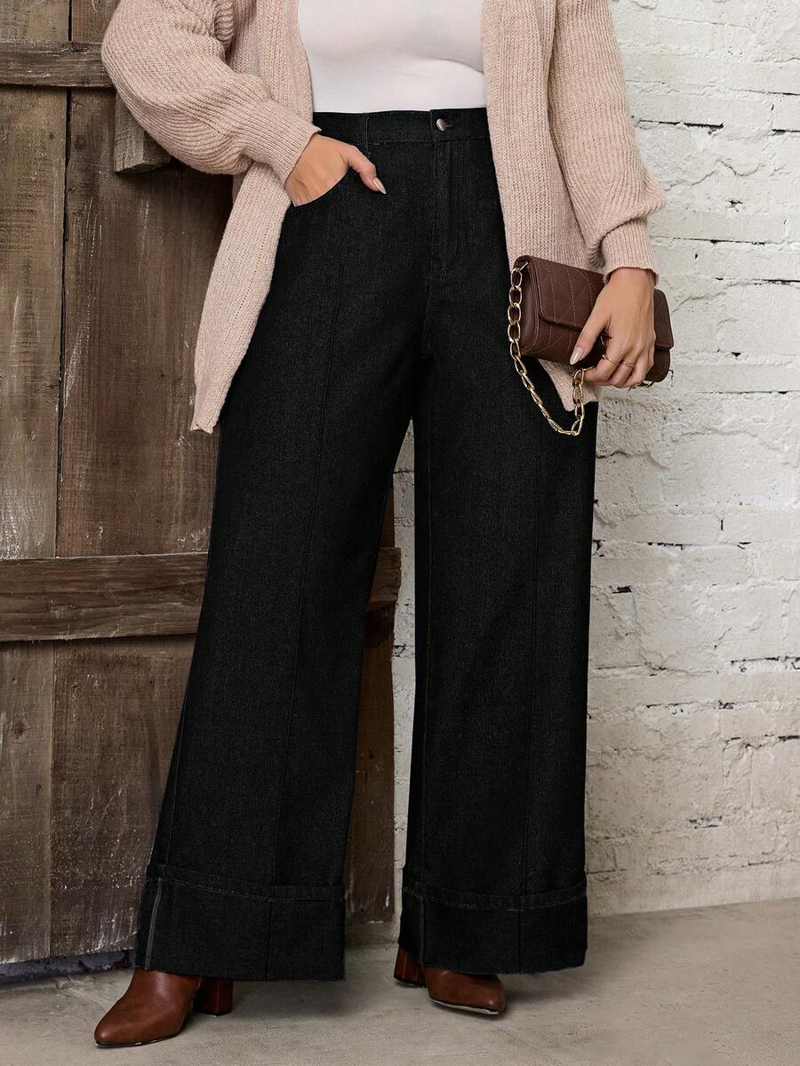 EMERY ROSE Plus Size Casual Everyday Solid Color Slant Pocket Loose Wide Leg Jeans Formal Holiday Black Spring - Black - View 1