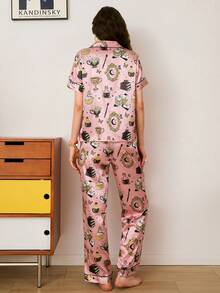 Funny Print Lapel Long Sleeve Chino Women Pajama Set - Multicolor - View 2
