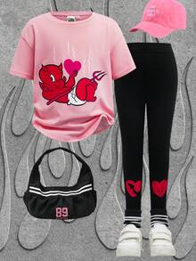 SHEIN HOT STUFF Young Girl Cartoon Graphic Short Sleeve T-Shirt And Leggings Set, Casual Everyday Commute, Spring/Summer/Autumn - Pink - View 1