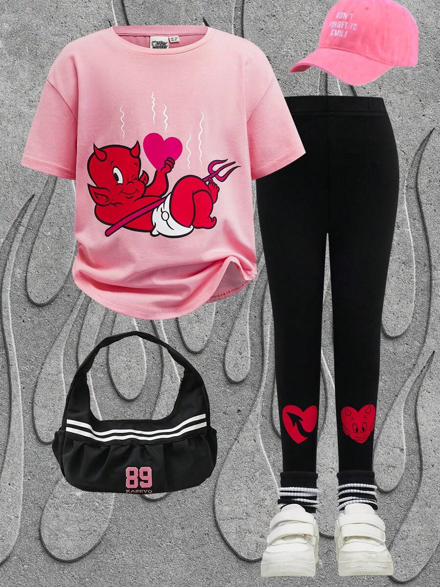 SHEIN HOT STUFF Young Girl Cartoon Graphic Short Sleeve T-Shirt And Leggings Set, Casual Everyday Commute, Spring/Summer/Autumn - Pink - View 1
