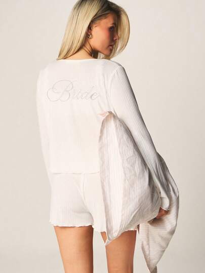 MISSGUIDED Ribbed Knit Button Up Pajama Set With Bralette And Shorts For Loungewear And Sleepwear Comfort