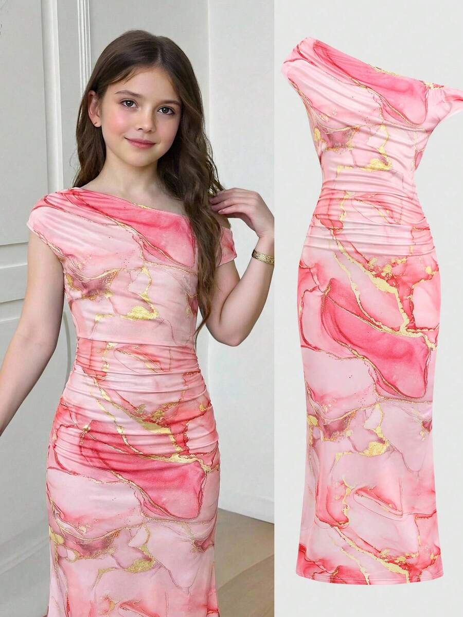 SHEIN 少女修身休闲碎花不对称肩连衣裙 - 粉色 - 查看 1