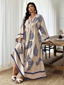 Weeklong Apricot Plus-Size Maxi Dress - Blue Paisley Bohemian Print, Long-Sleeve Multi-Layer Paneled, Women's Spring & Summer Dress - Multicolor - View 4