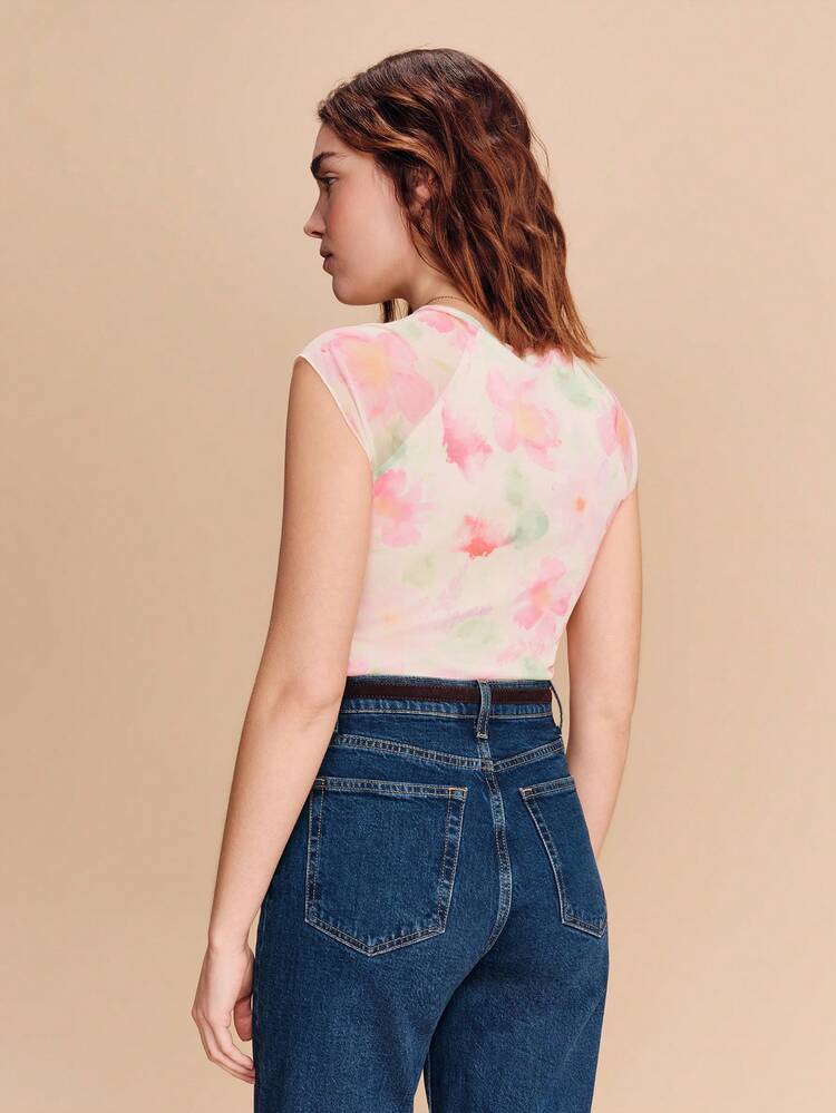 White Mesh T-Shirt With Pink Floral Print And Raglan Sleeves Summer Vacation Top Spring Summer French Style Parisian Style