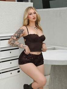 Arliah Camiseta ajustada y sexy de mujer con parches de encaje - Café integral - Ver 6