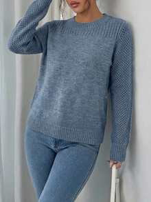 EURMUSE Casual Solid Color Crew Neck Sweater, Autumn/Winter - Dusty Blue - View 5