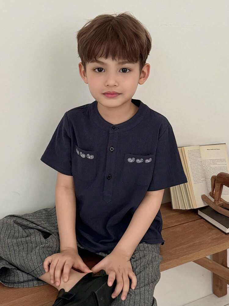 Young Boy Half-Placket Short Sleeve Casual Comfortable Shirt, Summer