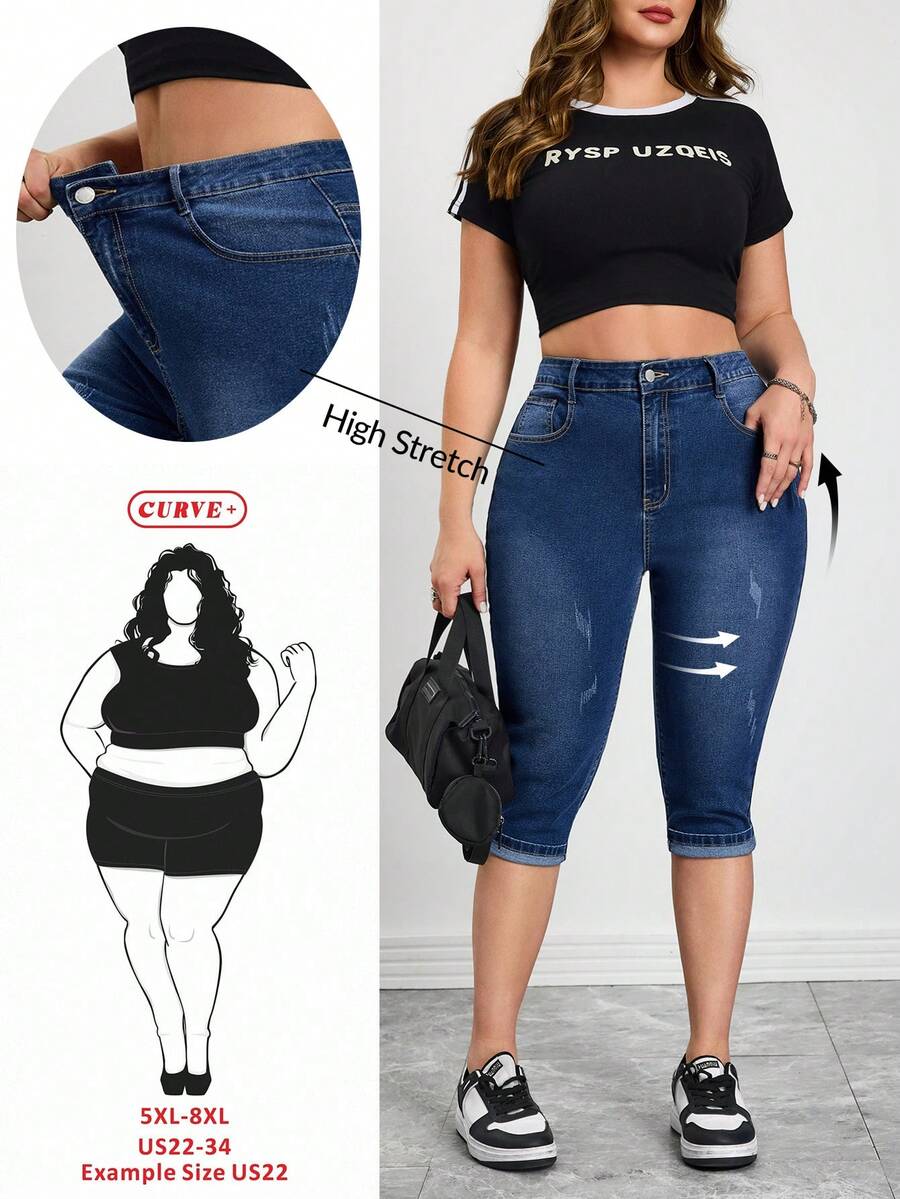 SHEIN CURVE+ Plus Size Women Pocketed Button Casual Everyday Wear Cropped Jeans Spring To Summer Valentine's Day Carnival Costume Commuting Vacation Graduation Chic Y2k Cute Streetwear Party Wedding Elegant Business Casual Woman Plus Size Women's High Stretch Dark Wash Denim Capris Comfort Fit Mid-Rise Jeans