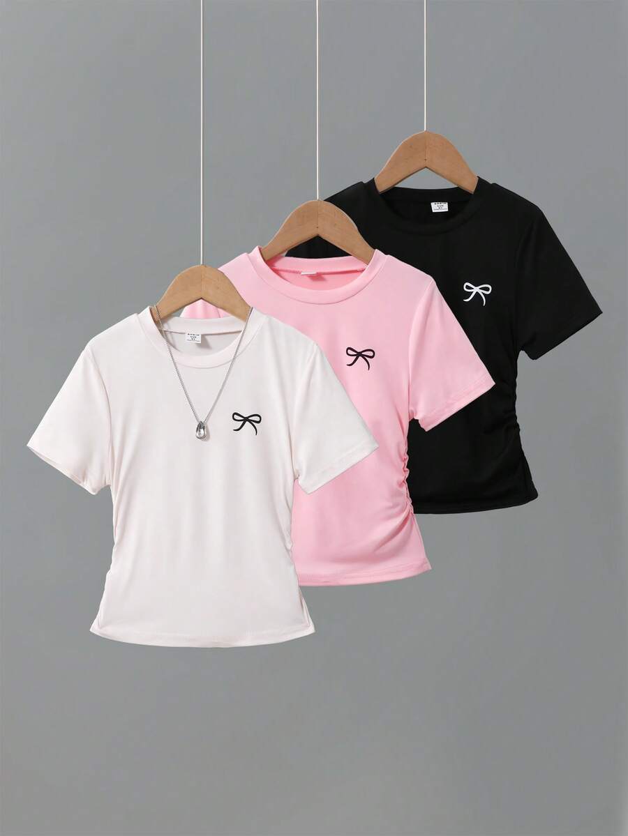 3pcs Girls' Bow Print Waist Short Sleeve T-Shirts, Grey, Pink And Black - Multicolor - View 1