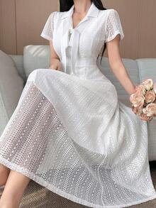 DAZY Lace Hollow Out Cinched Waist Elegant A-Line Dress For Women Dress Sundress - White - View 1