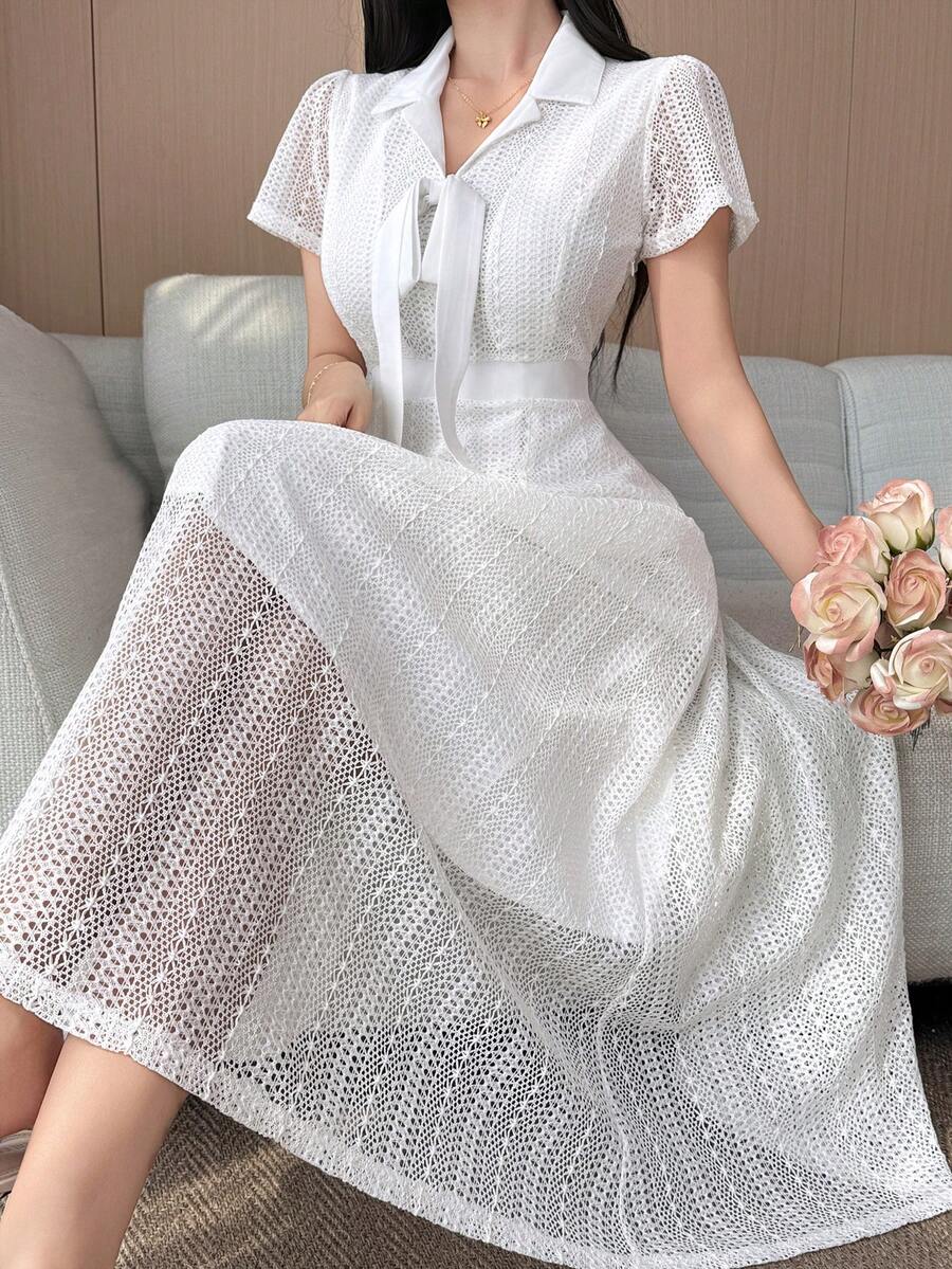 DAZY Lace Hollow Out Cinched Waist Elegant A-Line Dress For Women Dress Sundress - White - View 1