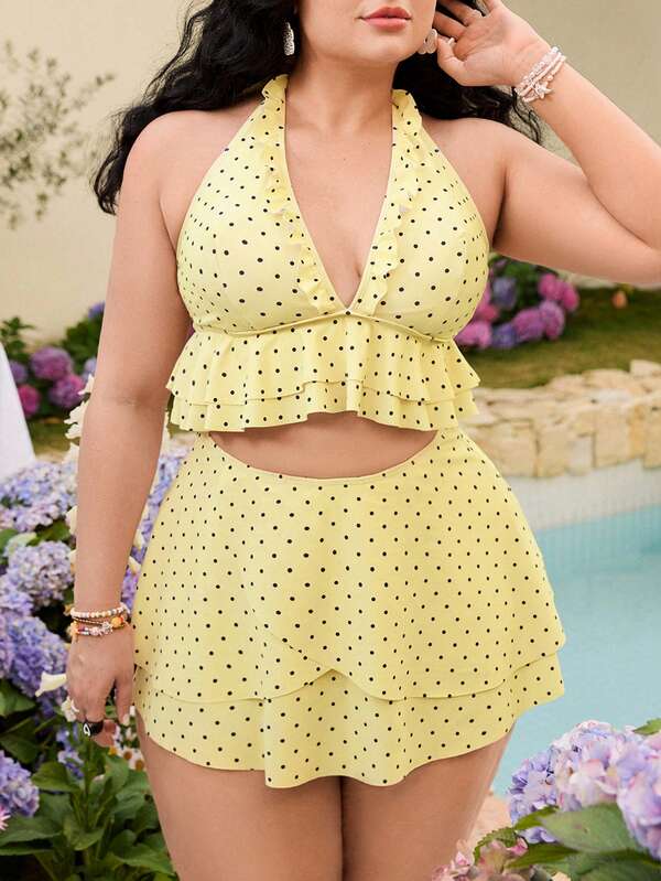 Swim Mod Plus Size Contrast Color Polka Dot Print Halter Neck Swimsuit Set
