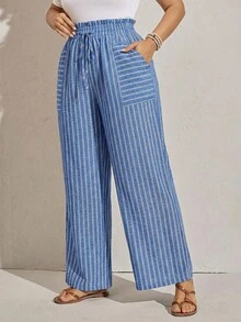 Zelara Plus Size Women's Valentine Striped Print Summer High Waist Loose Casual Pants With Pockets, Suitable For Fall And Autumn - Multicolor - View 12