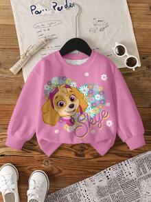SHEIN | PAW Patrol 年轻女孩日常通勤卡通狗雏菊字母爱心印花落肩宽松圆领卫衣 - 白色 - 查看 1