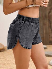 Breezaya Women's Solid Color Elastic Waist Casual Loose Summer Versatile Denim Shorts - Grey - View 3
