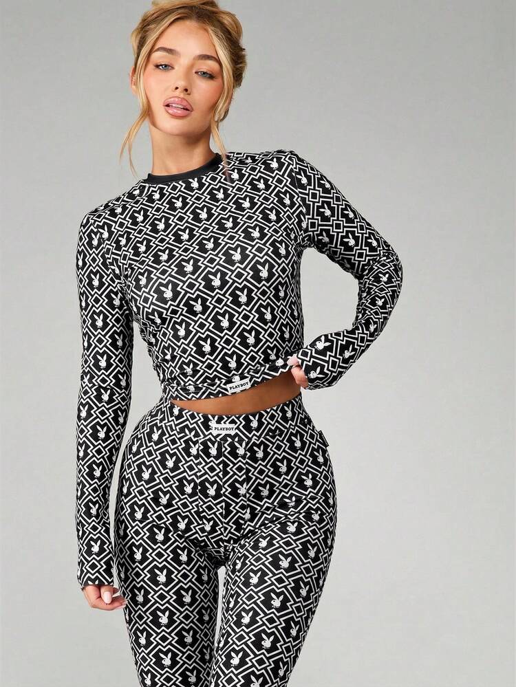 Missguided x Playboy Printed Long Sleeve Crop Top And Legging Lounge Set With Geometric Logo Pattern, Boho Outfit
