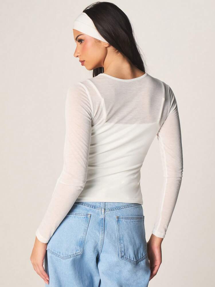 MISSGUIDED Top de Camadas com Camiseta Interna Ajustada e Manga Longa Transparente de Tela Dupla, Decote Redondo para Uso Casual no Outono e Inverno