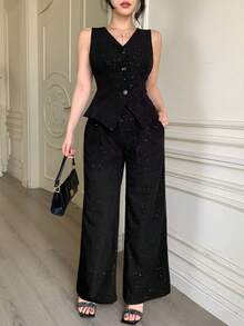 DAZY 春夏亮片黑色背心开衫搭配直筒休闲裤套装，优雅迷人，适合情人节、婚礼、派对、正式场合，时尚修身，适合办公室穿着，女士两件套。 - 黑色 - 查看 2