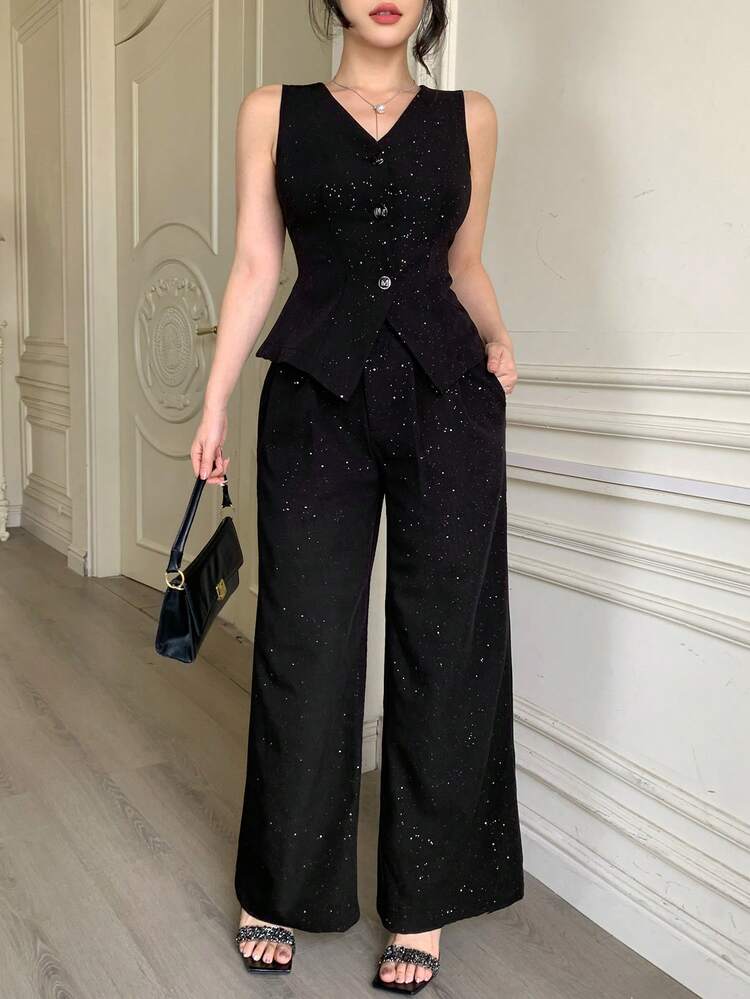 Spring & Summer Shiny Sequin Black Vest Cardigan And Straight Leg Casual Pants Set, Elegant For Valentine's Day, Wedding, Party, Formal Occasion, Fashion, Slim Fit, Office Wear, 2-Piece Outfit For Women