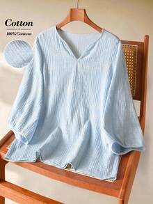 Rusticease Women's Casual Blue Cotton Spring Top 100% Pure Cotton Light Blue Notch Neck Long-Sleeved Top Summer For Women Spring Women Spring Top Elegant Women's Blouses Elegant Blouses For Ladies Vacations Women Casual Blouse For Women Lantern Sleeve Blouse Light Blue Blouse Cotton Top Women Summer Cotton Blouse Loose Fit Blouse - Baby Blue - View 3