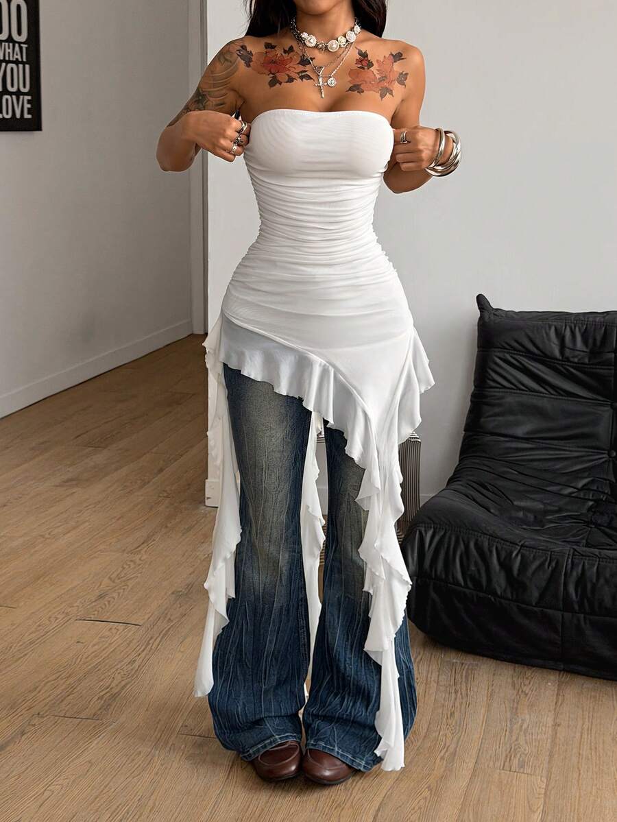 Coolane 女士夏季度假装扮性感别致Y2K优雅派对透气网纱荷叶边白色抹胸上衣 - 白色 - 查看 1