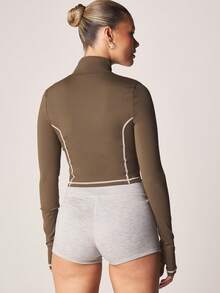 MISSGUIDED Olive Full-Zip Track Jacket With White Contrast Stitching Long Sleeve Cropped Athletic Zip Up Top For Active Casual - Army Green - View 2