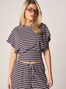 MISSGUIDED Striped Two Piece Co Ord Set Crop Top Wide Leg Pants Drawstring Casual Loungewear Ribbed Knit Matching Outfits Spring Summer - Brown - View 2