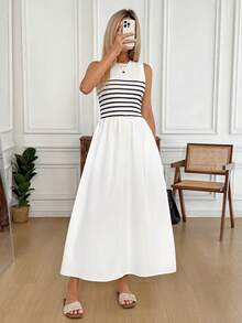 Easowa 无袖圆领连衣裙，收腰设计，条纹拼接，A字褶皱裙摆，休闲优雅的办公/度假连衣裙，适合女性穿着，春夏度假波西米亚风性感女装，女士休闲连衣裙，女士休闲装，夏季连衣裙，女士夏季穿搭 - 彩色 - 查看 2