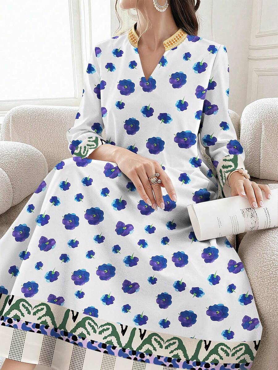 SHEIN Najma 女士花卉拼接印花V领长袖优雅阿拉伯风格长款连衣裙,春夏款 - 彩色 - 查看 1